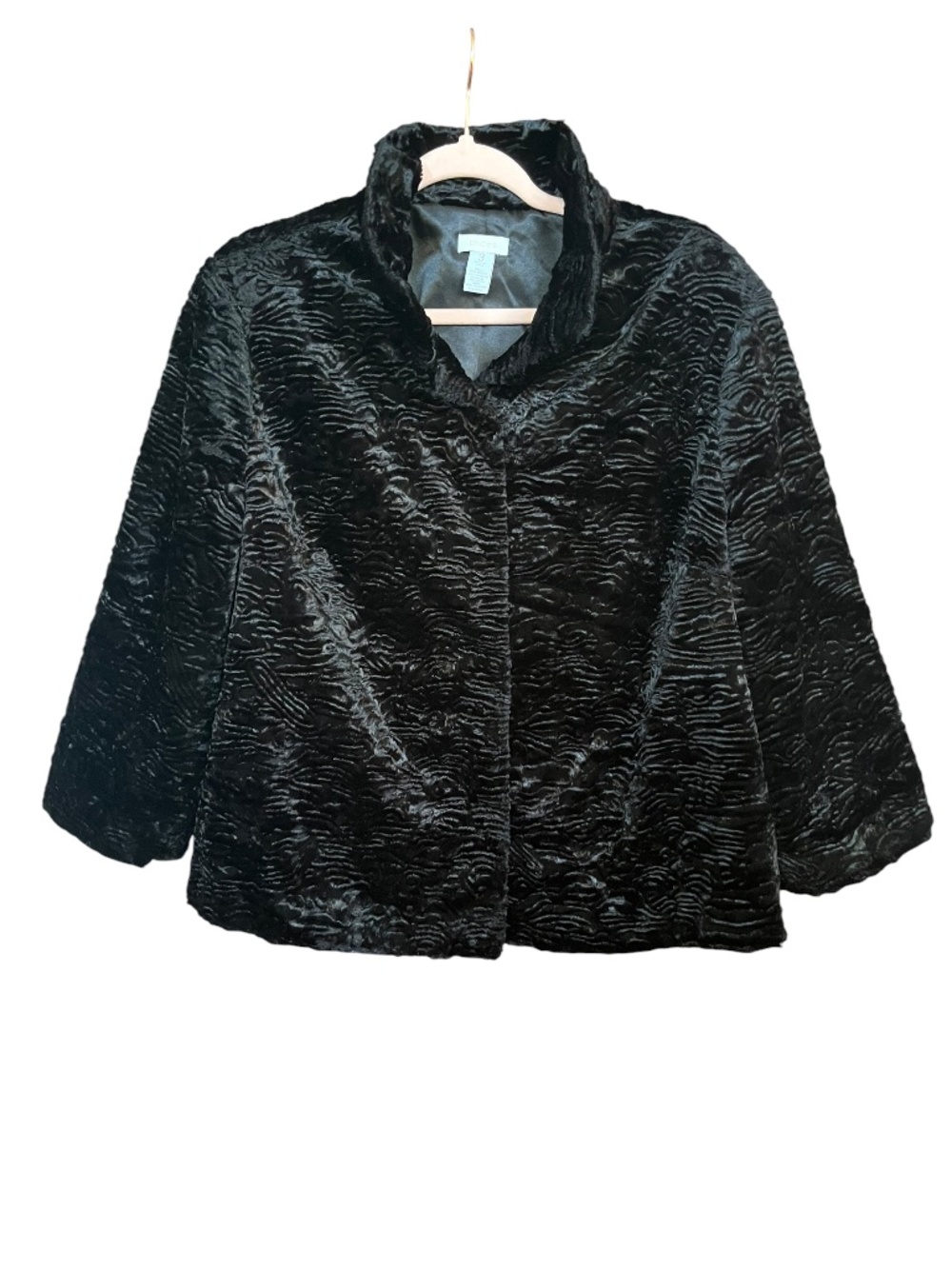 Chico's Black Supper Club Leama Textured Faux Fur 3/4 Sleeve Jacket Coat SZ XL